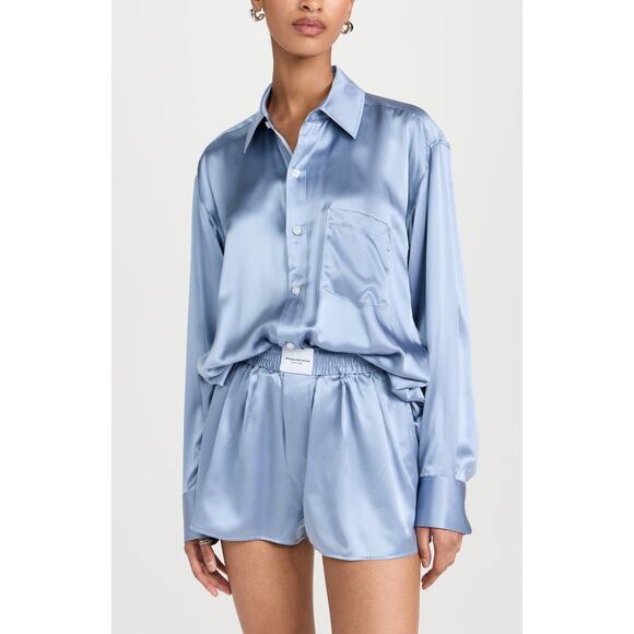 Alexander Wang Blue Button Up Boxer Short Long Sleeve Romper Size XS